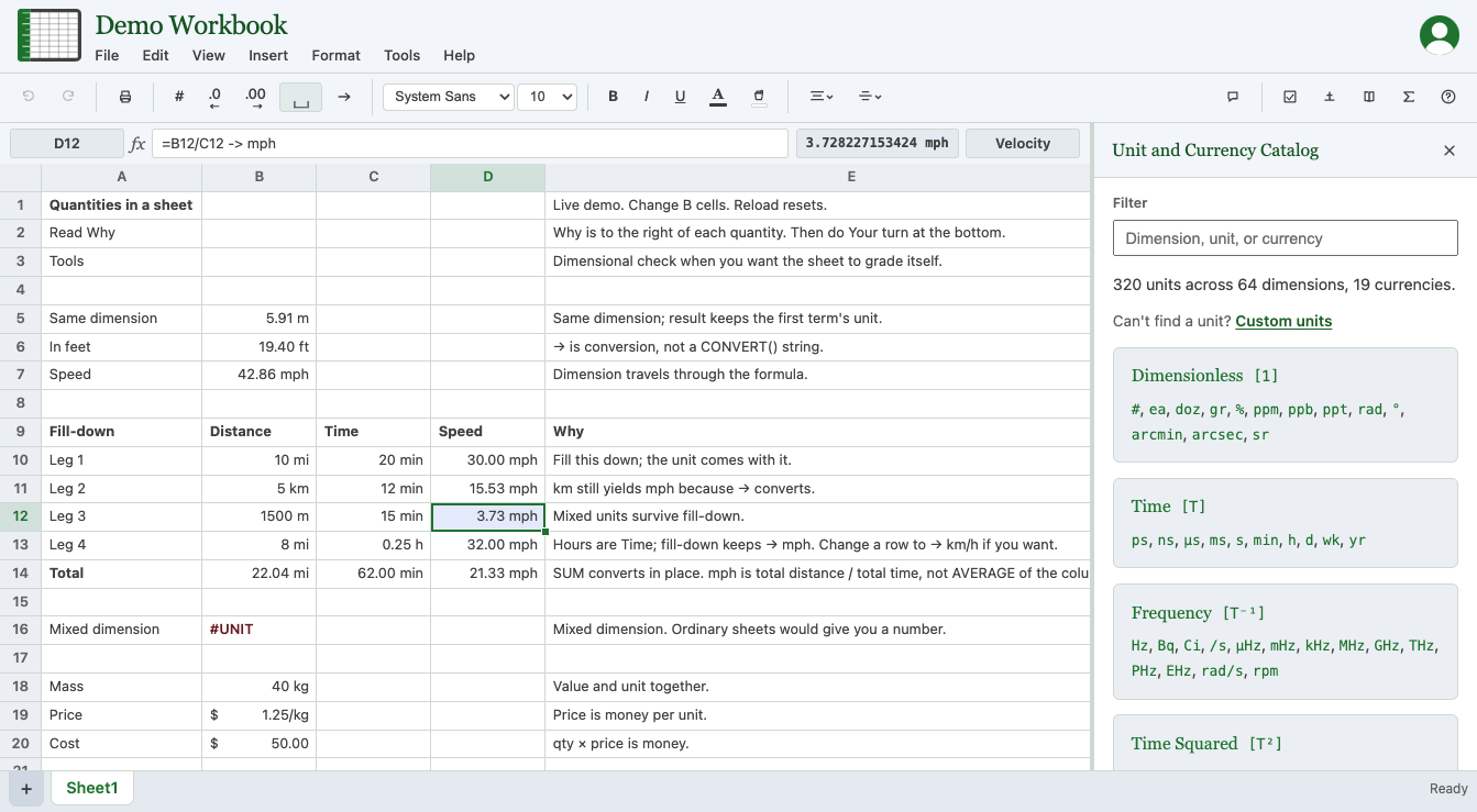 UnitSheet Unit and Currency Catalog in the right-side panel over Demo Workbook, listing built-in units grouped by dimension.
