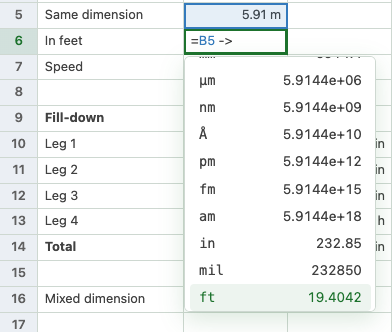 Formula bar showing =B2 -> with unit autocomplete open. ft is highlighted as Length among other length units.